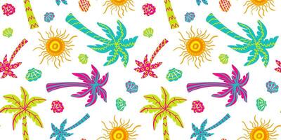 tropical paradise seamless pattern - vibrant summer beach vibe, hand-drawn palm trees, suns, shells, holiday repeat background, bright joyful print vector