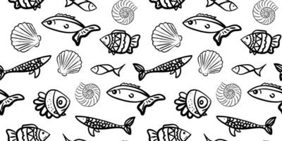 seamless fish and shell pattern black line art white background hand drawn ocean motif vector