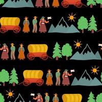 pioneer day seamless pattern on black with covered wagons, settlers, mountains, and trees for historical designs vector