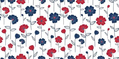 patriotic red and blue flower seamless pattern on white background for 4th of july, american independence day, festive summer textile, wrapping paper design vector