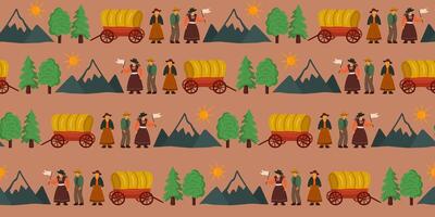 pioneer day seamless pattern with covered wagons, settlers, mountains, and trees for historical backgrounds and textiles vector
