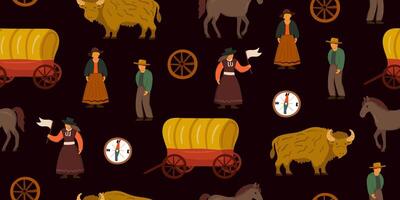 a vibrant seamless pattern featuring a pixel art wild west scene with horses, wagons, people, and a dark background vector