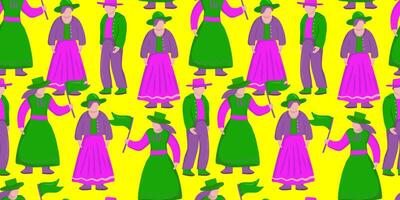bright and playful seamless pattern showcasing diverse pioneer day characters in vibrant traditional costumes on a cheerful yellow background vector