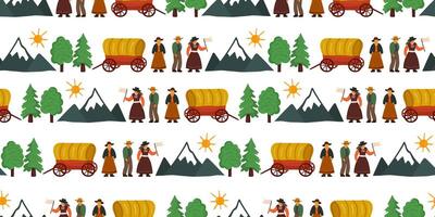 pioneer day seamless pattern white background with covered wagons, settlers, mountains, people, trees for historical projects postcard vector