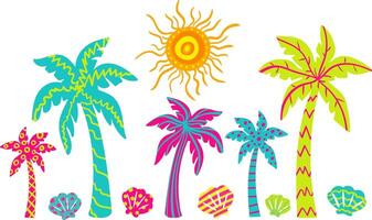 tropical summer elements with abstract palm trees, colorful shells, and decorative sun bold vibrant design for beach vibes, web, kids travel themes vector
