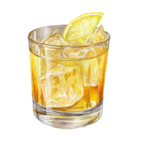 A glass of whiskey with ice and a lime png