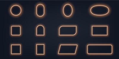 Gold glowing frame collection. Light effect borders. Isolated square and circle neon design elements on dark background vector
