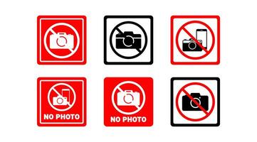 No photo signs and camera prohibition Sign and icons in red and black square label design, flat style isolated for use in public area or restricted zone signage vector