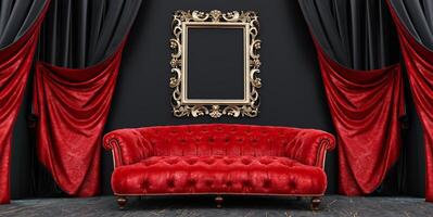 3D render of vintage luxury armchair and frame in room, An empty frame above the sofa in a black wall interior with black and red curtains. photo