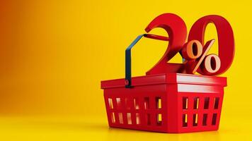 3D render of red supermarket basket with red twenty percent offer on colored background photo