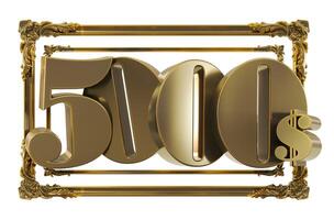 3D render of gold 3000 dollars on a golden frame isolated on transparent background, golden three thousand dollars photo
