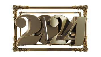 3D render of golden Happy new year 2024 with golden border, 2024 new year text photo