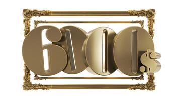 3D render of golden six thousand on a golden frame isolated on white background photo