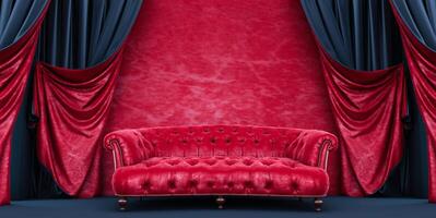 Interior with red sofa and black and red curtains, red sofa and red wall, 3d render photo