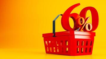 3D render of red supermarket basket with red sixty percent offer on colored background photo
