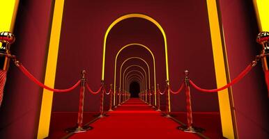 3d render of walkway arch, black hallway, Long tunnel with arches and red carpet withe golden barrier for product presentation photo