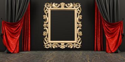 3D render of gold frame in room, An empty frame in a black wall interior with black and red curtains. photo