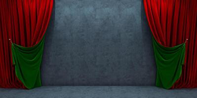 curtains on dark wall background, dark product background room on red and green curtain scene display with luxury fabric backdrops. 3D render photo