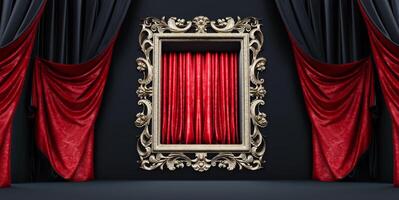 3D render of empty picture frame, Gallery Interior with empty frame on wall with curtain. photo