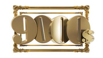 3D render of gold 9000 dollar on golden frame isolated on white background, nine thousand dollars photo