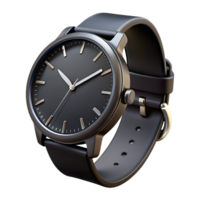 Luxury black wristwatch with genuine leather strap isolated on transparent background, minimalist design, 3d illustration png