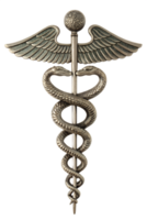 Caduceus symbol with two snakes and wings, emblem of medicine and healthcare, isolated on transparent background png