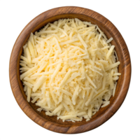 Shredded cheese in wooden bowl, top view isolated on transparent background, fresh dairy ingredient png