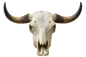 Weathered bovine skull with large curved horns isolated on transparent background, desert animal remains, bleached bones png