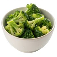 Fresh green broccoli florets in a white bowl isolated, healthy raw vegetable ingredient for cooking png