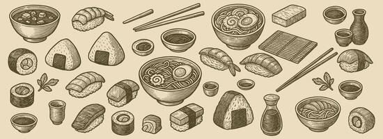 A meticulously detailed engraving showcases a diverse array of Japanese cuisine, creating a delightful visual experience for discerning food enthusiasts vector