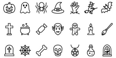 Spooky Halloween Icon Set featuring a variety of ghostly figures and scary symbols in black and white minimal style vector