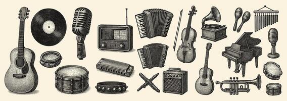 A harmonious assembly of musical instruments creates a symphony of artful vintage style design vector