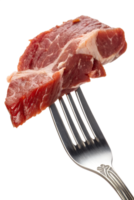 Raw steak on a fork - close-up isolated on transparent background. Food photography for ads, menus, and cooking blogs png