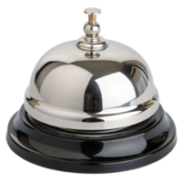 Polished silver call bell with reflective surface, hotel or restaurant desk accessory, isolated on transparent background png
