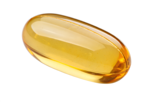 Single yellow fish oil capsule, glossy supplement with liquid visible inside, isolated on transparent background, for health or pharmaceutical content png
