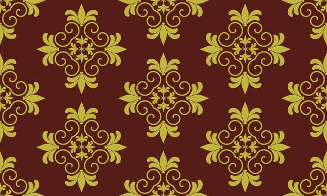 seamless pattern designs with gold damask flower on dark red background, design for fabric or various pattern printing works.