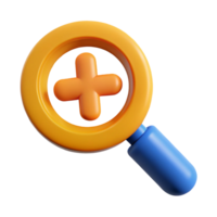 3D Icon of a Magnifying Glass with Plus Sign, Zoom In, Search Tool, Focus Enhancement, and Data Analysis Symbol png