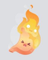 A cartoon stomach character with a fire character on it is used to show the symptom of acid reflux. vector