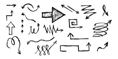 Crayon arrow sketches collection - hand drawn doodle style pointers, curved lines, round swirls. Chaotic scribbling, artistic design elements set. Black grunge brush strokes isolated on white vector