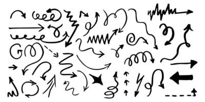 Crayon arrow sketches collection - hand drawn doodle style pointers, curved lines, round swirls. Chaotic scribbling, artistic design elements set. Black grunge brush strokes isolated on white bg vector
