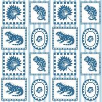 Monochrome seamless pattern with iguanas, chameleons, and tropical elements in bold graphic frames, perfect for jungle-themed prints and modern decor. vector