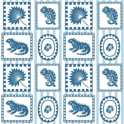 Monochrome seamless pattern with iguanas, chameleons, and tropical elements in bold graphic frames, perfect for jungle-themed prints and modern decor.