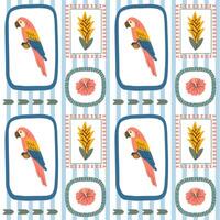 Colorful parrot macaw seamless pattern with tropical flowers and leaves in decorative frames, perfect for jungle-themed projects, textiles, and summer products. vector