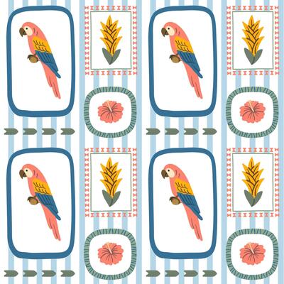 Colorful parrot macaw seamless pattern with tropical flowers and leaves in decorative frames, perfect for jungle-themed projects, textiles, and summer products.