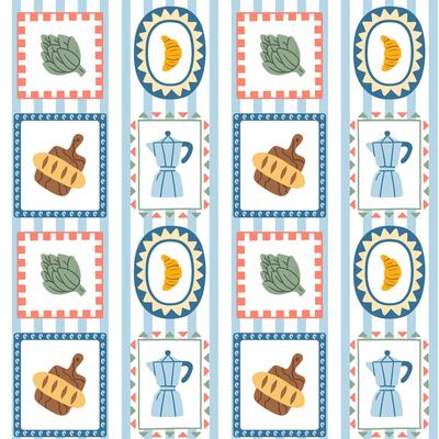 Seamless pattern with Italian food elements in decorative hand-drawn frames, including croissant, moka pot, bread, and artichoke, perfect for packaging, textile, and kitchen designs.