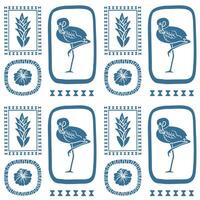 Monochrome seamless pattern of flamingos with tropical flowers and leaves in folk decorative frames, ideal for textiles, wallpaper, and exotic summer designs. vector