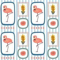 Seamless tropical pattern with pink flamingos, exotic flowers, and jungle leaves in folk style frames, perfect for summer textiles. vector