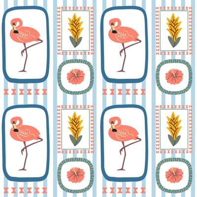 Seamless tropical pattern with pink flamingos, exotic flowers, and jungle leaves in folk style frames, perfect for summer textiles.