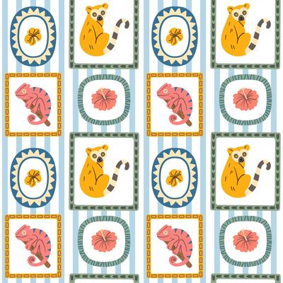 Seamless pattern with cute lemurs, chameleons, and tropical flowers framed in decorative shapes, ideal for jungle-themed designs.