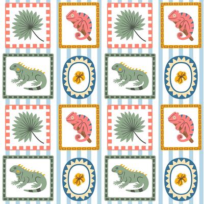 Tropical seamless pattern with iguanas, chameleons, and exotic leaves in colorful folk frames, perfect for kids textiles, wallpapers, and summer jungle themes.
